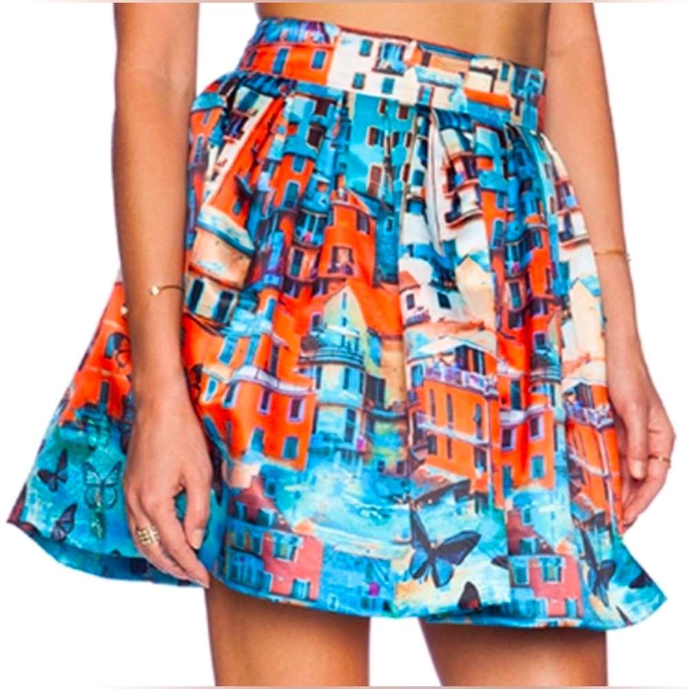 Alice + Olivia Vibrant Orange and Turquoise A-Line Skirt